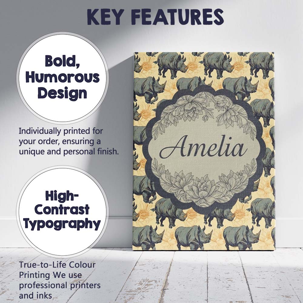 Personalised Name Dark Rhino with Floral Custom Unique Gift Idea Elegant Feature Canvas Wall Art Print Decor Picture Ready to Hang