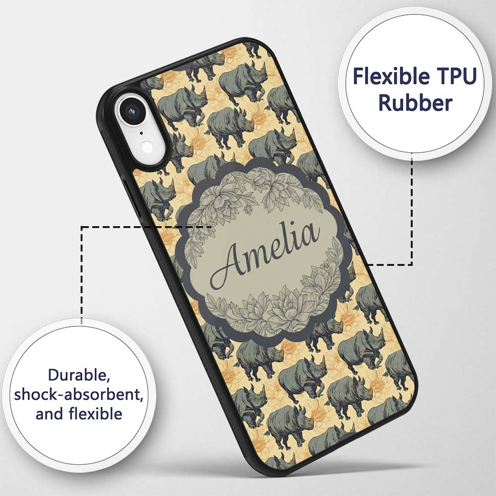 Dark Rhino with Floral Line Art Printed Design Custom Name Protective Phone Case Mobile Cover Durable Everyday Smartphone Shock Resistant