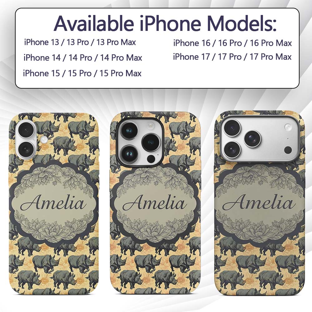 Dark Rhino with Floral Line Art Printed Design Custom Name Protective Phone Case Mobile Cover Durable Everyday Smartphone Shock Resistant