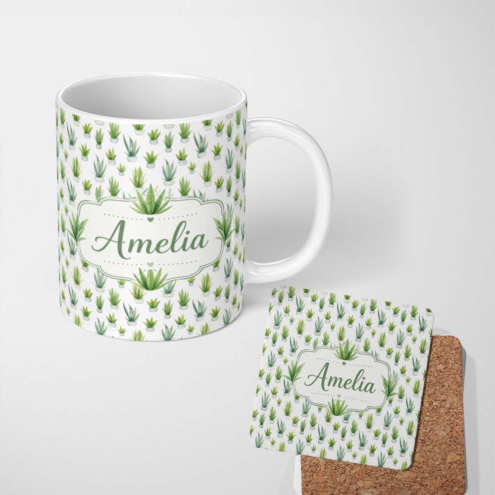 Personalized Custom Name Watercolor Green Houseplants in Pots Seamless Pattern Name Cute 11oz Ceramic Coffee Tea Mug White Large Handle