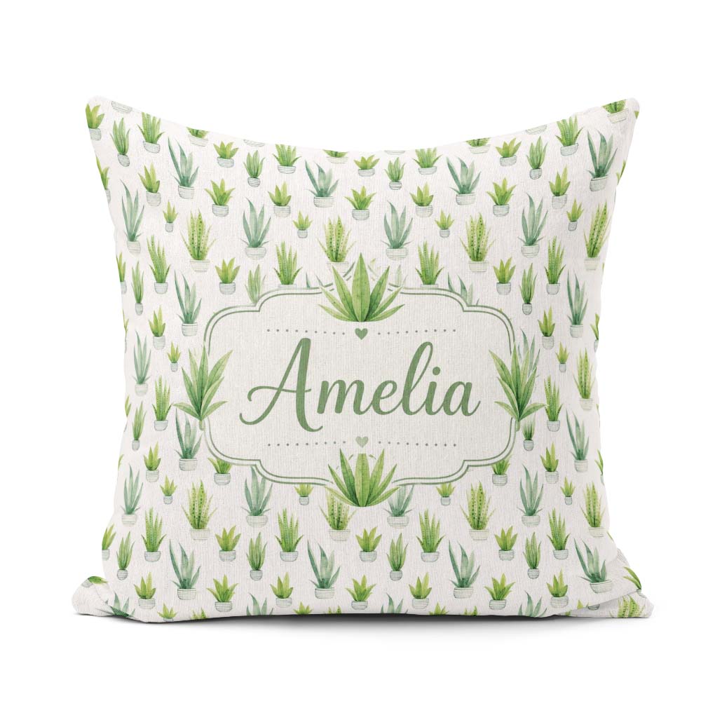 Custom Name Green Houseplants in Pots Seamless Pattern Name Cute Square Filled Cushion Throw Pillow Sofa Bed Home Decor Zip Washable UK Made
