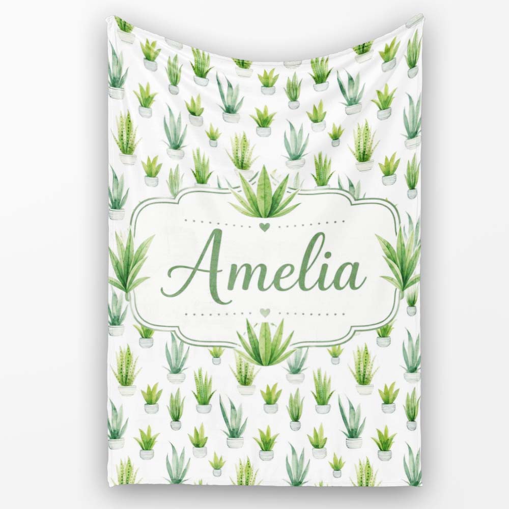 Watercolor Green Houseplants in Pots Seamless Pattern Name Cute Personalised Custom Name Super Soft Fleece Blanket Bed Sofa Throw