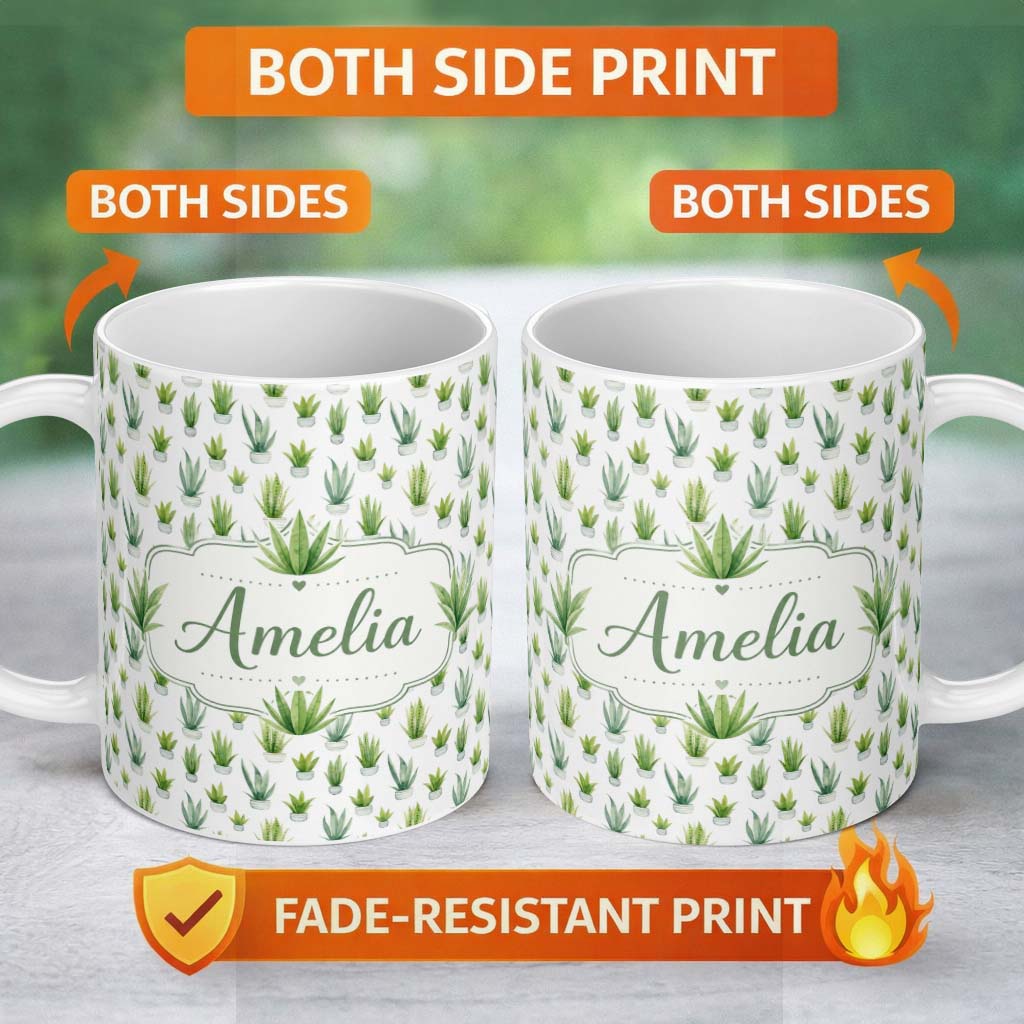Personalized Custom Name Watercolor Green Houseplants in Pots Seamless Pattern Name Cute 11oz Ceramic Coffee Tea Mug White Large Handle