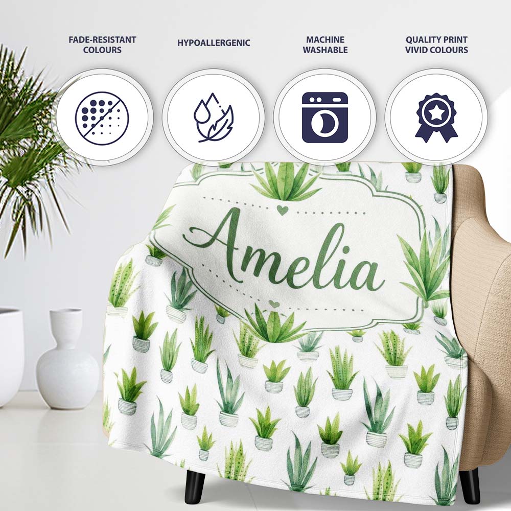 Watercolor Green Houseplants in Pots Seamless Pattern Name Cute Personalised Custom Name Super Soft Fleece Blanket Bed Sofa Throw