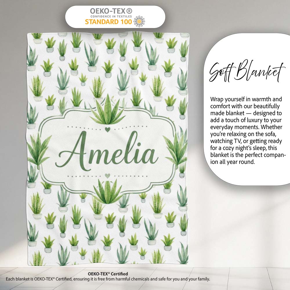 Watercolor Green Houseplants in Pots Seamless Pattern Name Cute Personalised Custom Name Super Soft Fleece Blanket Bed Sofa Throw