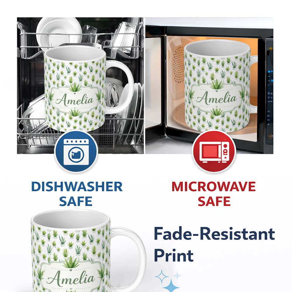 Personalized Custom Name Watercolor Green Houseplants in Pots Seamless Pattern Name Cute 11oz Ceramic Coffee Tea Mug White Large Handle