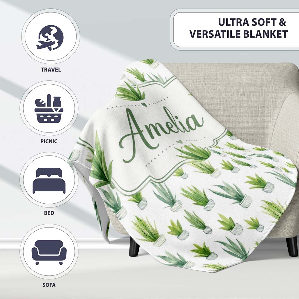 Watercolor Green Houseplants in Pots Seamless Pattern Name Cute Personalised Custom Name Super Soft Fleece Blanket Bed Sofa Throw