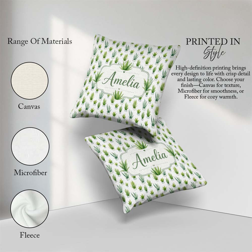 Custom Name Green Houseplants in Pots Seamless Pattern Name Cute Square Filled Cushion Throw Pillow Sofa Bed Home Decor Zip Washable UK Made