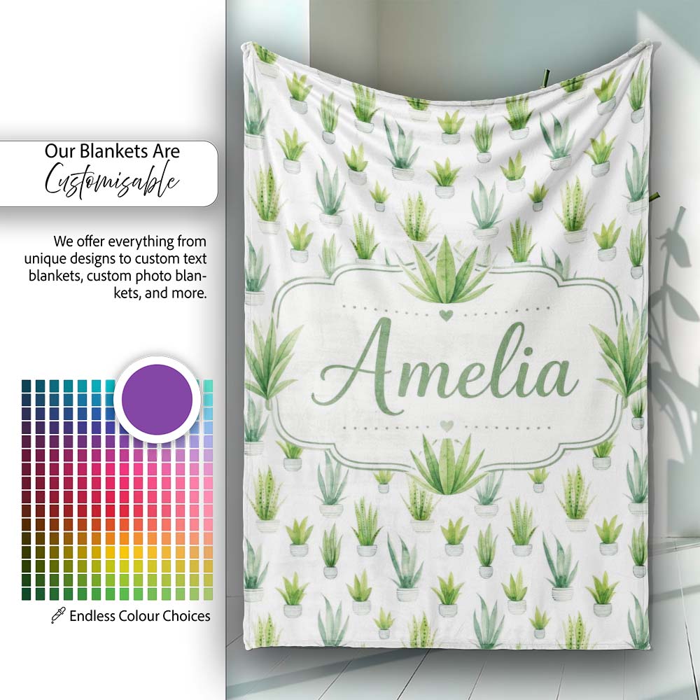 Watercolor Green Houseplants in Pots Seamless Pattern Name Cute Personalised Custom Name Super Soft Fleece Blanket Bed Sofa Throw