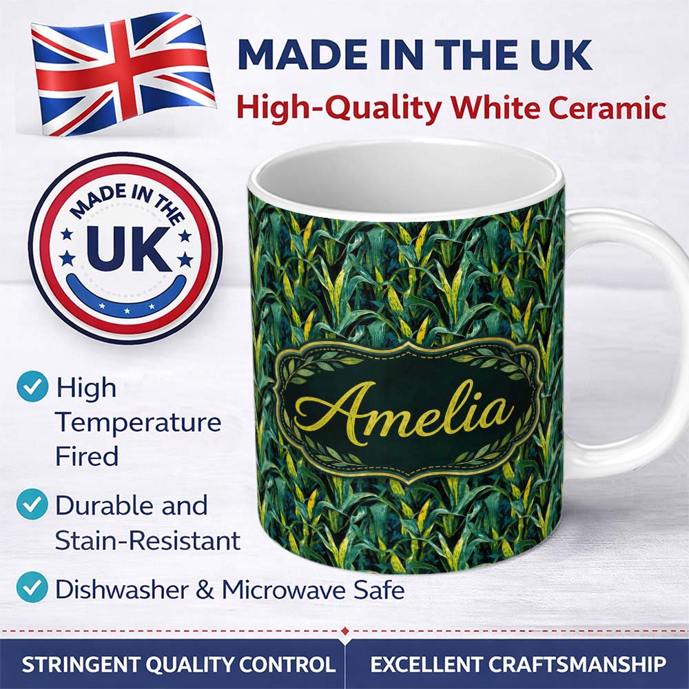 Personalized Custom Name Dense Tropical Leaves Jungle Style Seamless Pattern Name Cute 11oz Ceramic Coffee Tea Mug White Large Handle