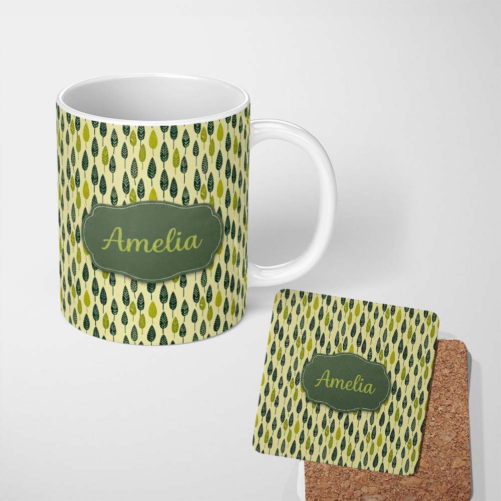 Personalized Custom Name Simple Leaf Motif in Green Tones Seamless Pattern Name Cute Unique 11oz Ceramic Coffee Tea Mug White Large Handle
