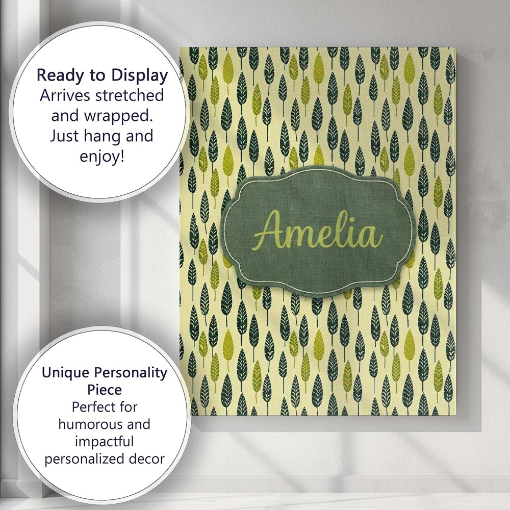 Personalised Name Simple Leaf Motif in Custom Modern Room Accent Elegant Feature Canvas Wall Art Print Decor Picture Ready to Hang