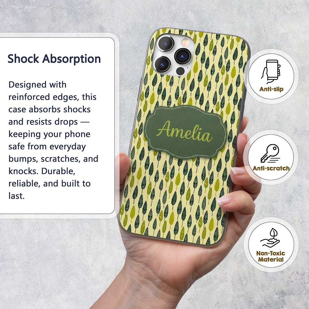 Simple Leaf Motif in Green Tones Seamless Pattern Custom Name Protective Phone Case Mobile Cover Durable Everyday Smartphone Shock Resistant