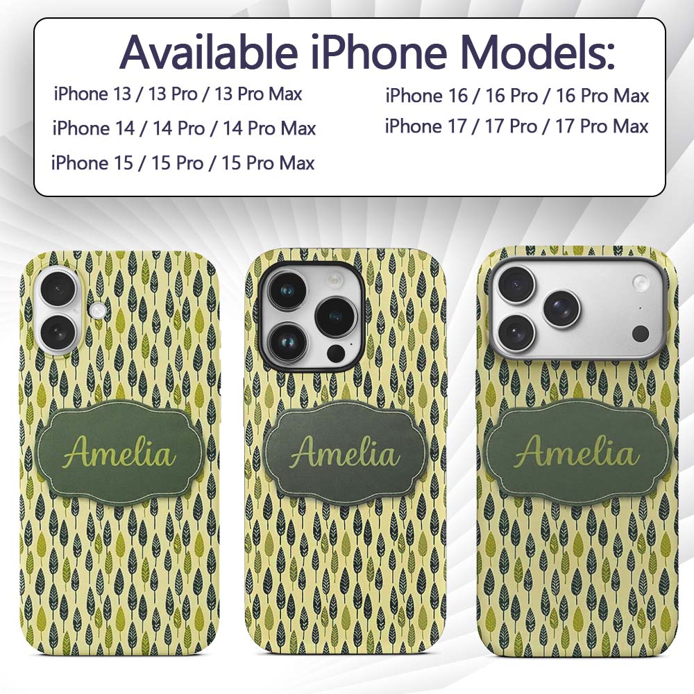 Simple Leaf Motif in Green Tones Seamless Pattern Custom Name Protective Phone Case Mobile Cover Durable Everyday Smartphone Shock Resistant