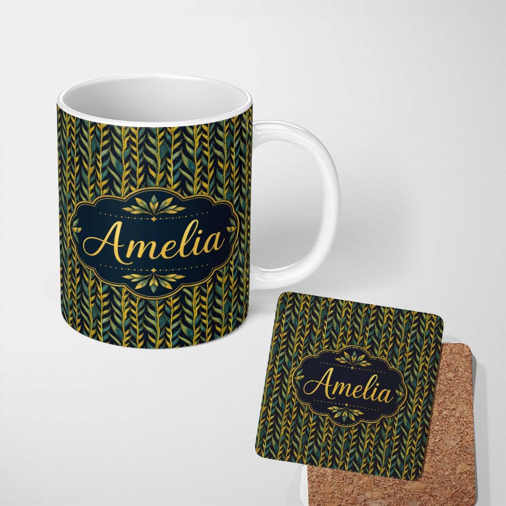 Personalized Custom Name Elegant Golden Leaf Botanical on Dark Background Seamless Pattern 11oz Ceramic Coffee Tea Mug White Large Handle