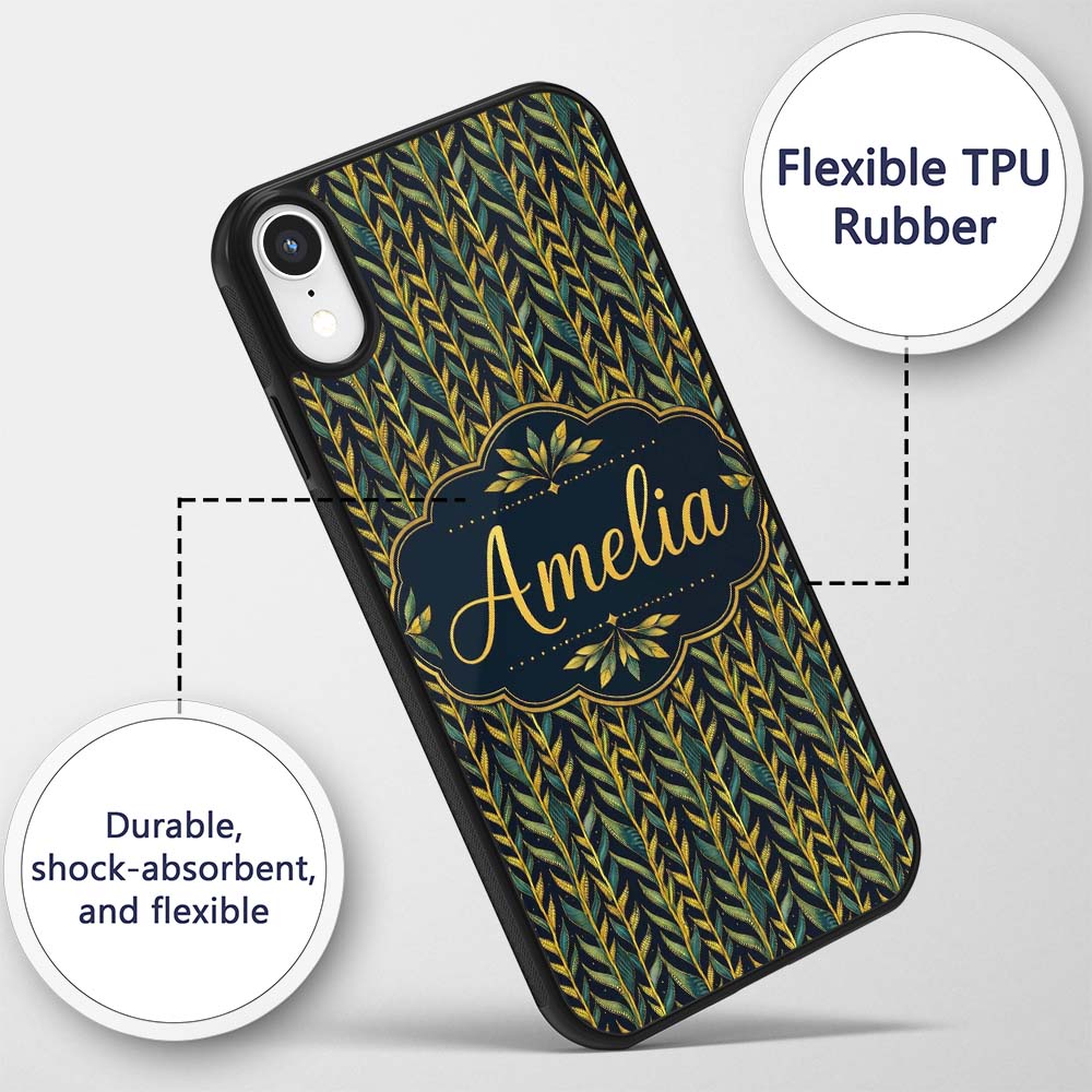 Elegant Golden Leaf Botanical on Dark Background Custom Name Protective Phone Case Mobile Cover Durable Everyday Smartphone Shock Resistant