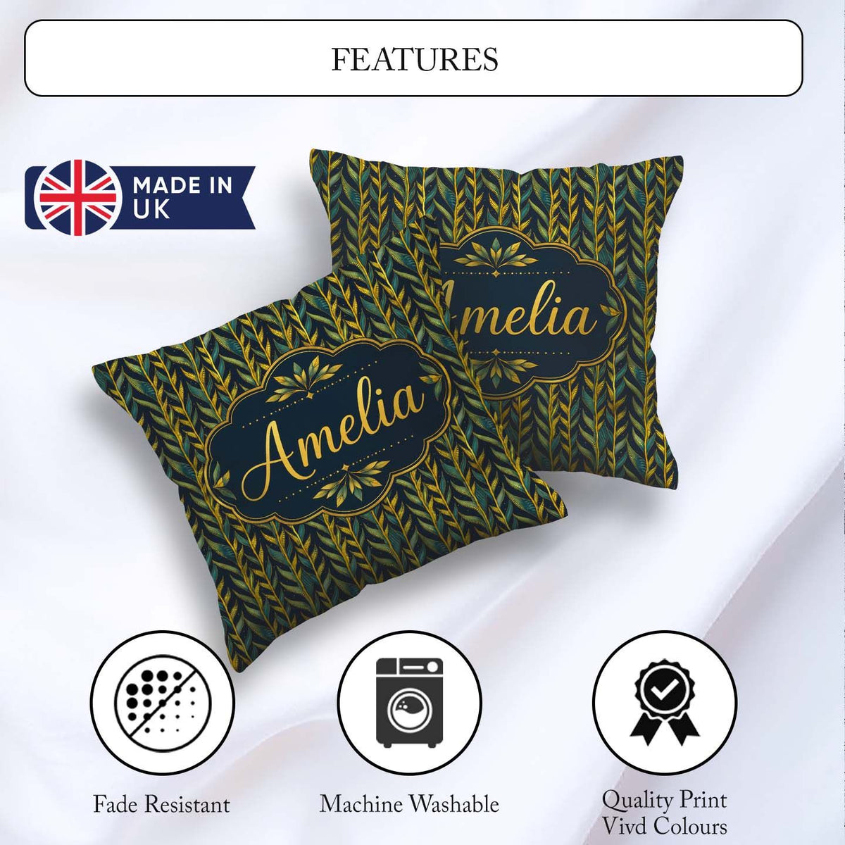 Custom Name Elegant Golden Leaf Botanical on Background Seamless Square Filled Cushion Throw Pillow Sofa Bed Home Decor Zip Washable UK Made