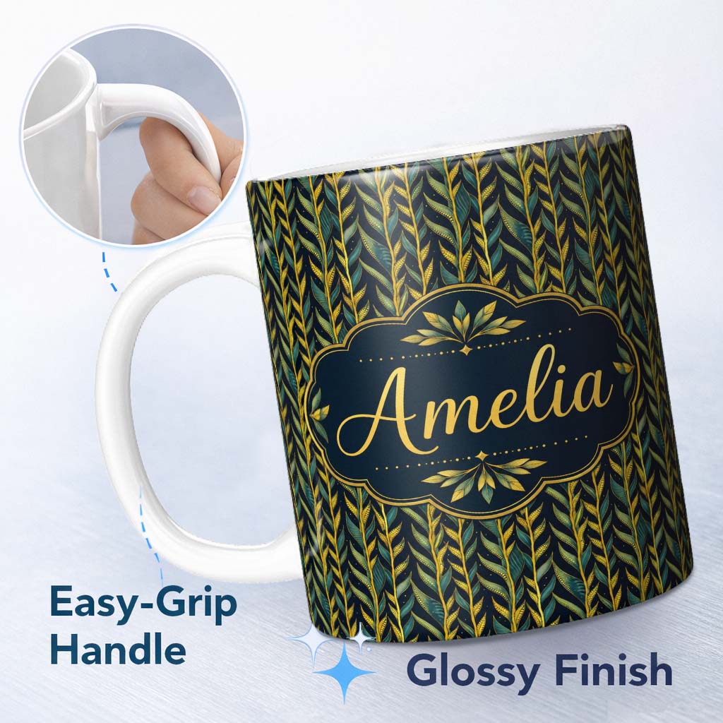 Personalized Custom Name Elegant Golden Leaf Botanical on Dark Background Seamless Pattern 11oz Ceramic Coffee Tea Mug White Large Handle