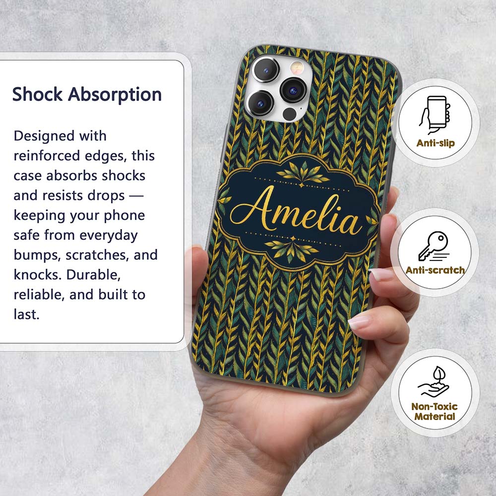 Elegant Golden Leaf Botanical on Dark Background Custom Name Protective Phone Case Mobile Cover Durable Everyday Smartphone Shock Resistant