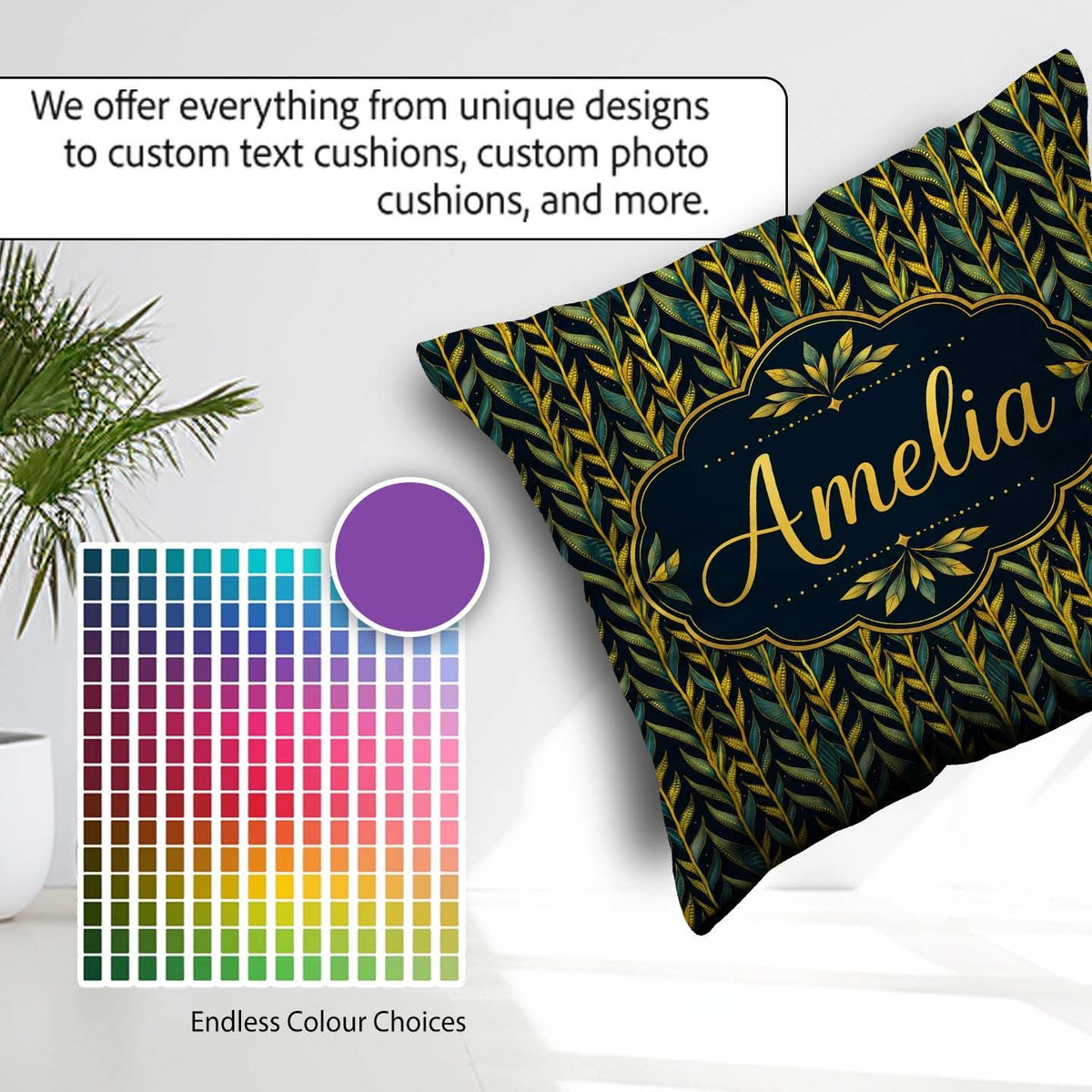 Custom Name Elegant Golden Leaf Botanical on Background Seamless Square Filled Cushion Throw Pillow Sofa Bed Home Decor Zip Washable UK Made