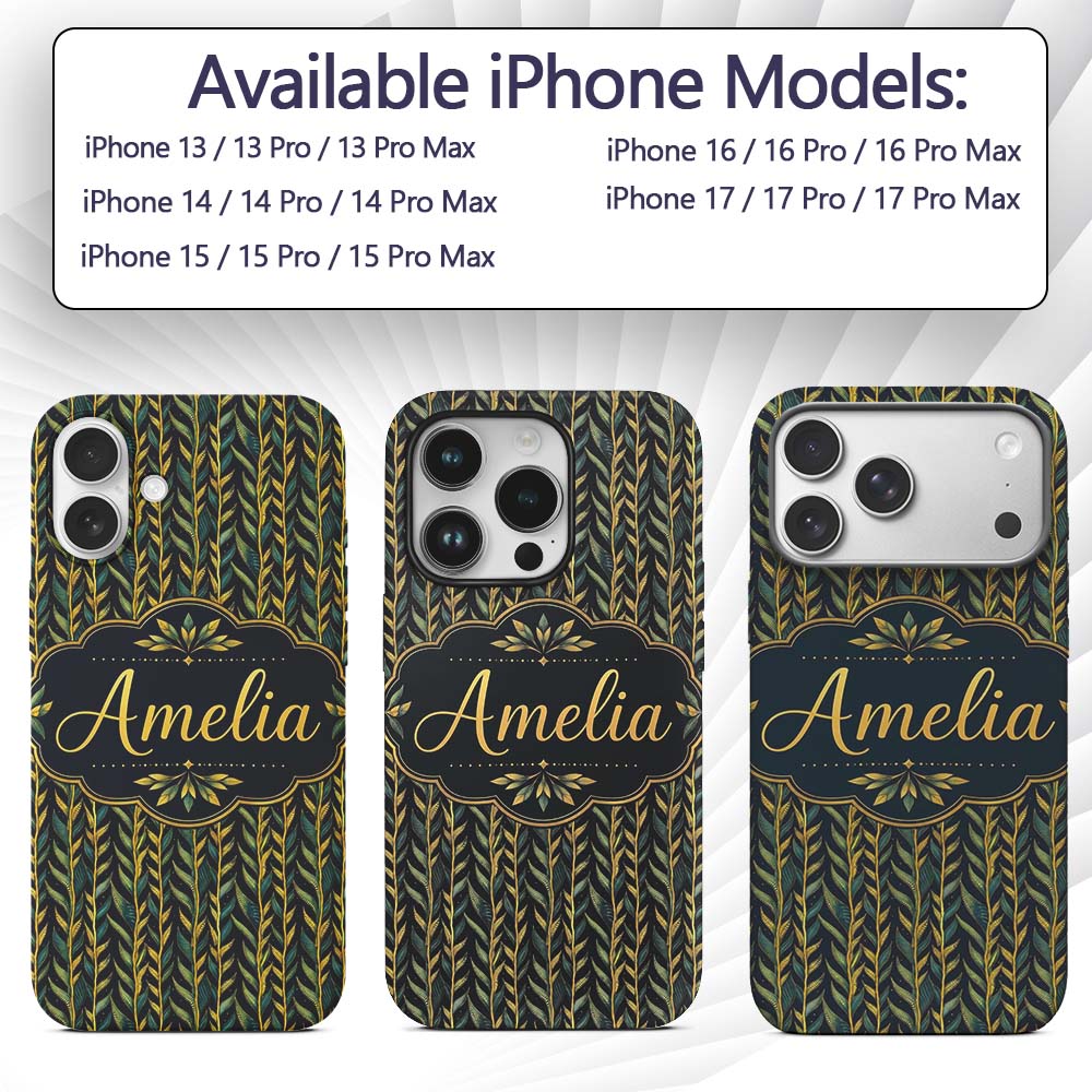 Elegant Golden Leaf Botanical on Dark Background Custom Name Protective Phone Case Mobile Cover Durable Everyday Smartphone Shock Resistant