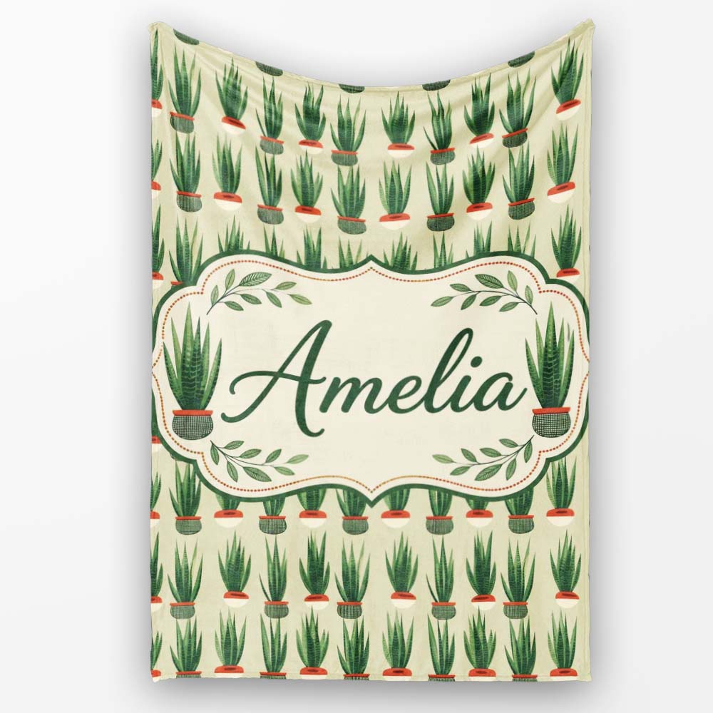 Modern Potted Plants with Style Seamless Pattern Name Cute Unique Personalised Custom Name Super Soft Fleece Blanket Bed Sofa Throw