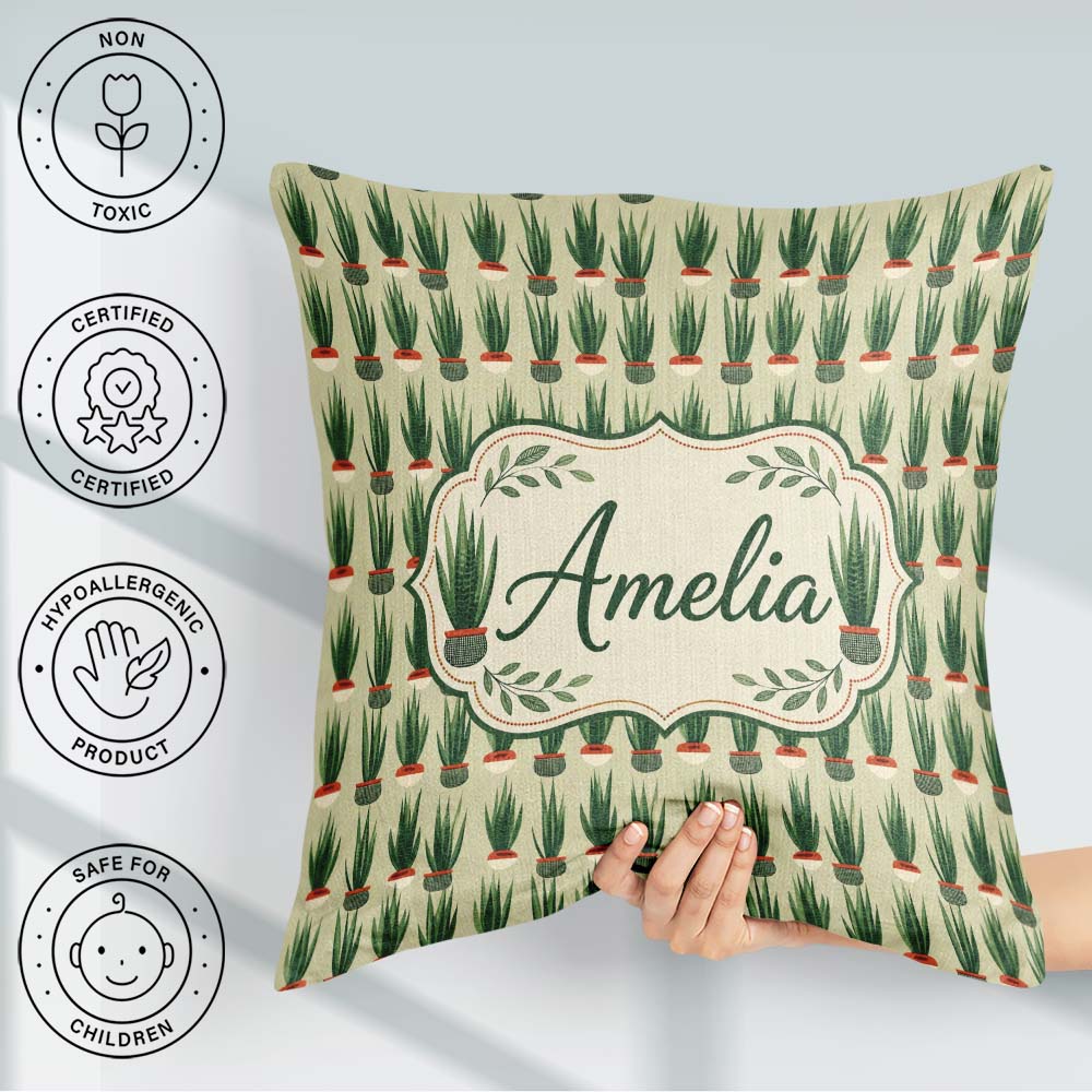 Custom Name Modern Potted Plants with Seamless Pattern Name Cute Square Filled Cushion Throw Pillow Sofa Bed Home Decor Zip Washable UK Made