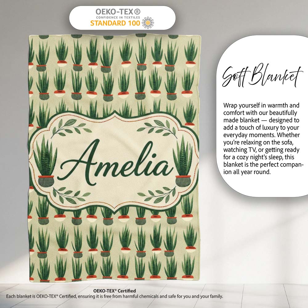 Modern Potted Plants with Style Seamless Pattern Name Cute Unique Personalised Custom Name Super Soft Fleece Blanket Bed Sofa Throw