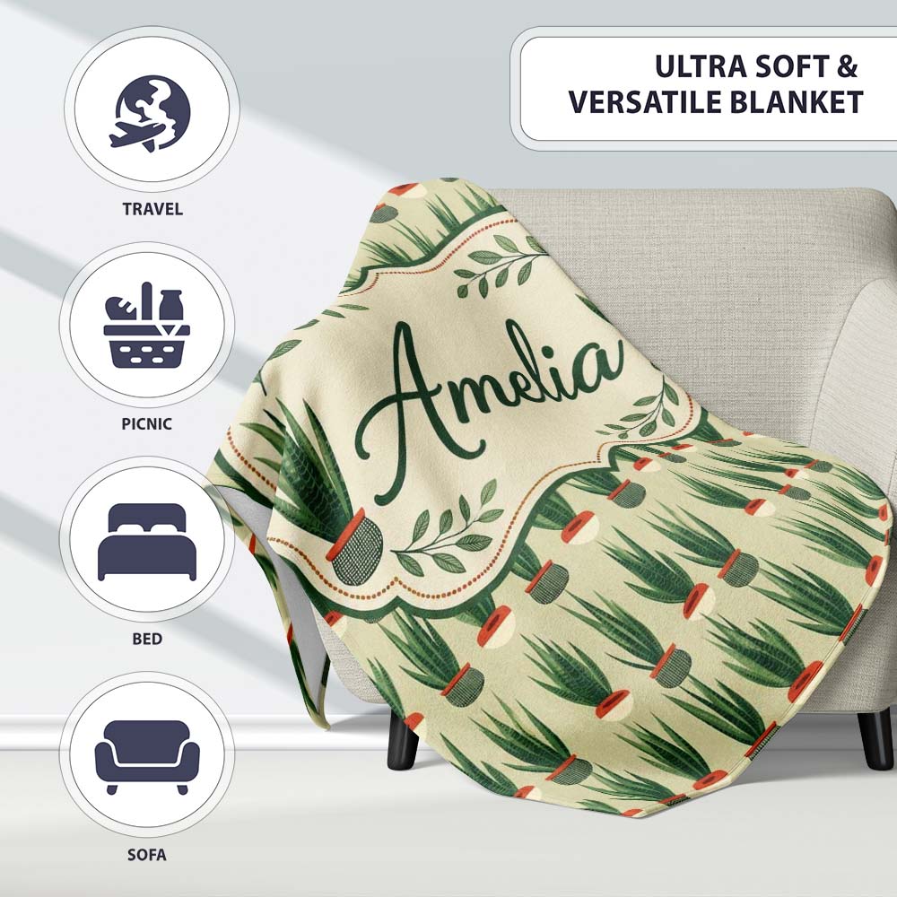Modern Potted Plants with Style Seamless Pattern Name Cute Unique Personalised Custom Name Super Soft Fleece Blanket Bed Sofa Throw
