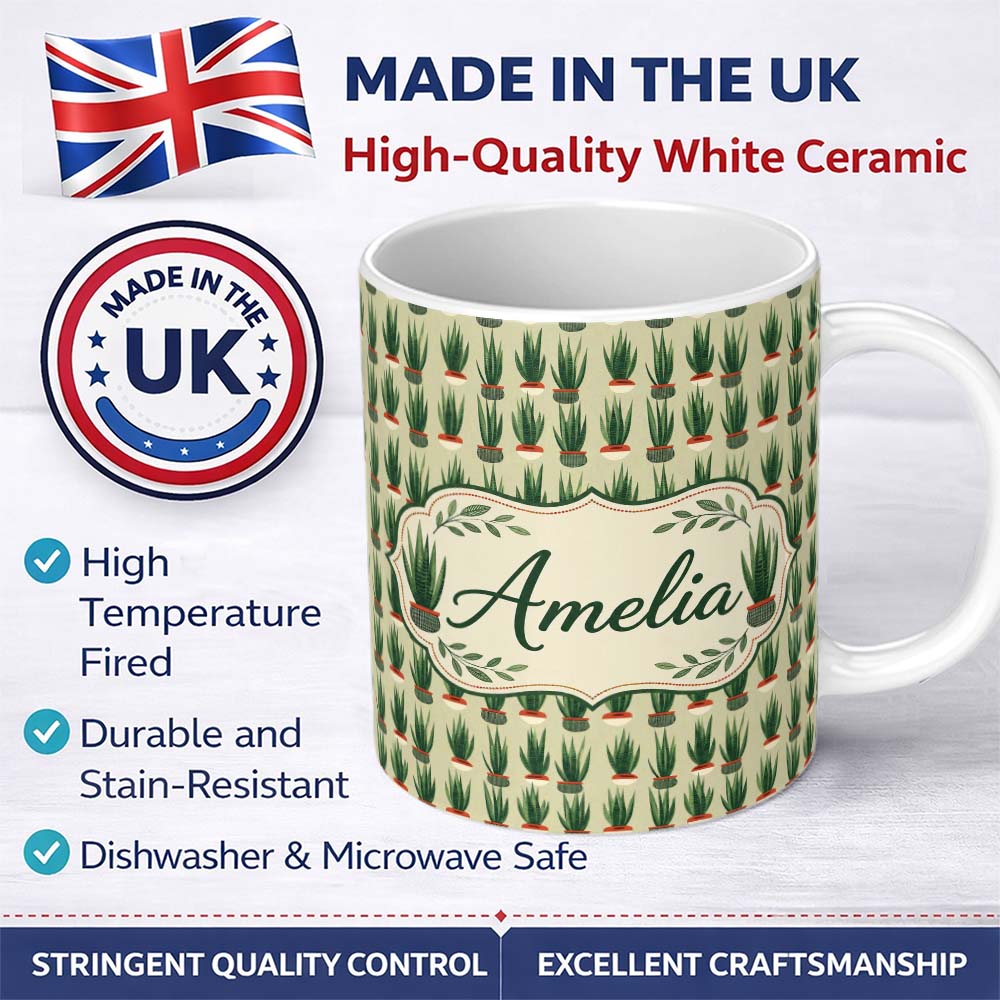 Personalized Custom Name Modern Potted Plants with Style Seamless Pattern Name Cute Unique 11oz Ceramic Coffee Tea Mug White Large Handle