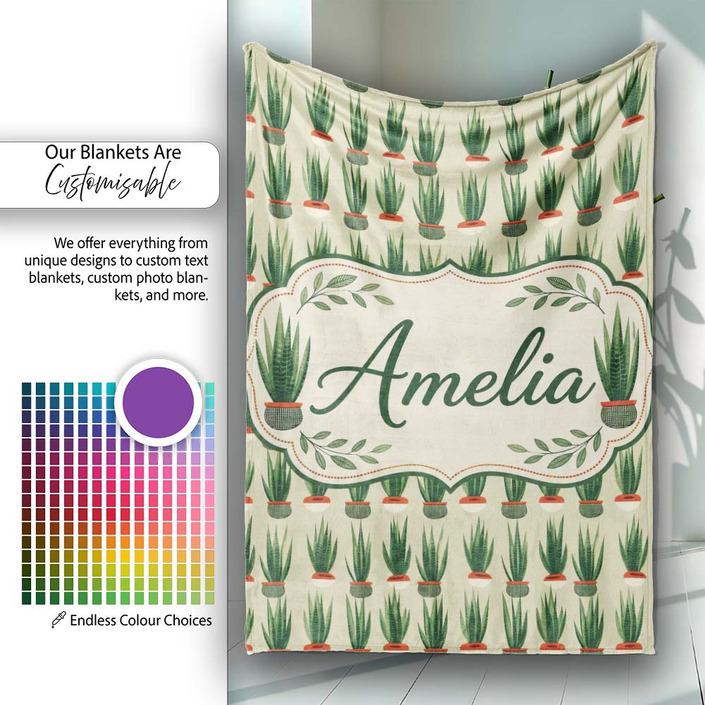 Modern Potted Plants with Style Seamless Pattern Name Cute Unique Personalised Custom Name Super Soft Fleece Blanket Bed Sofa Throw