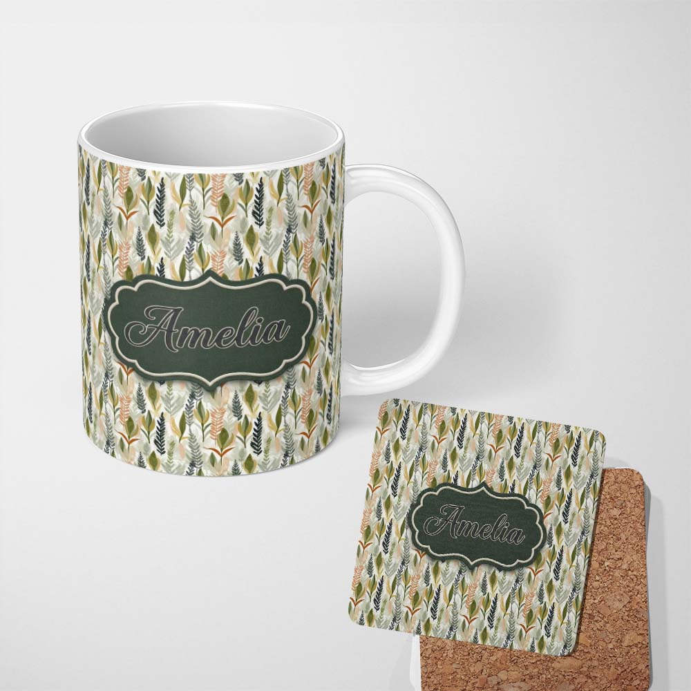 Personalized Custom Name Elegant Autumn Botanical Leaves with Soft Neutral Background 11oz Ceramic Coffee Tea Mug White Large Handle