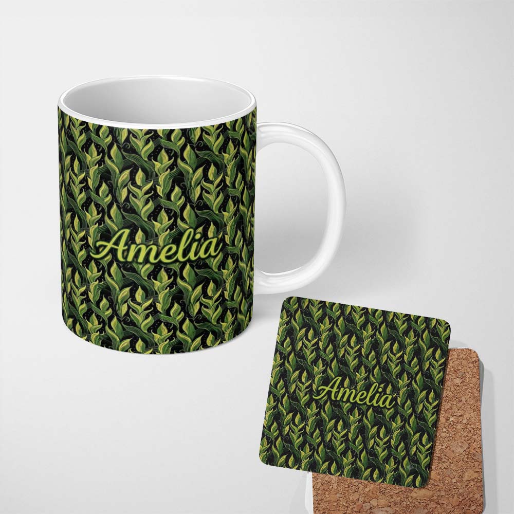 Personalized Custom Name Lush Green Tropical Leaves on Dark Background Seamless Pattern Name 11oz Ceramic Coffee Tea Mug White Large Handle