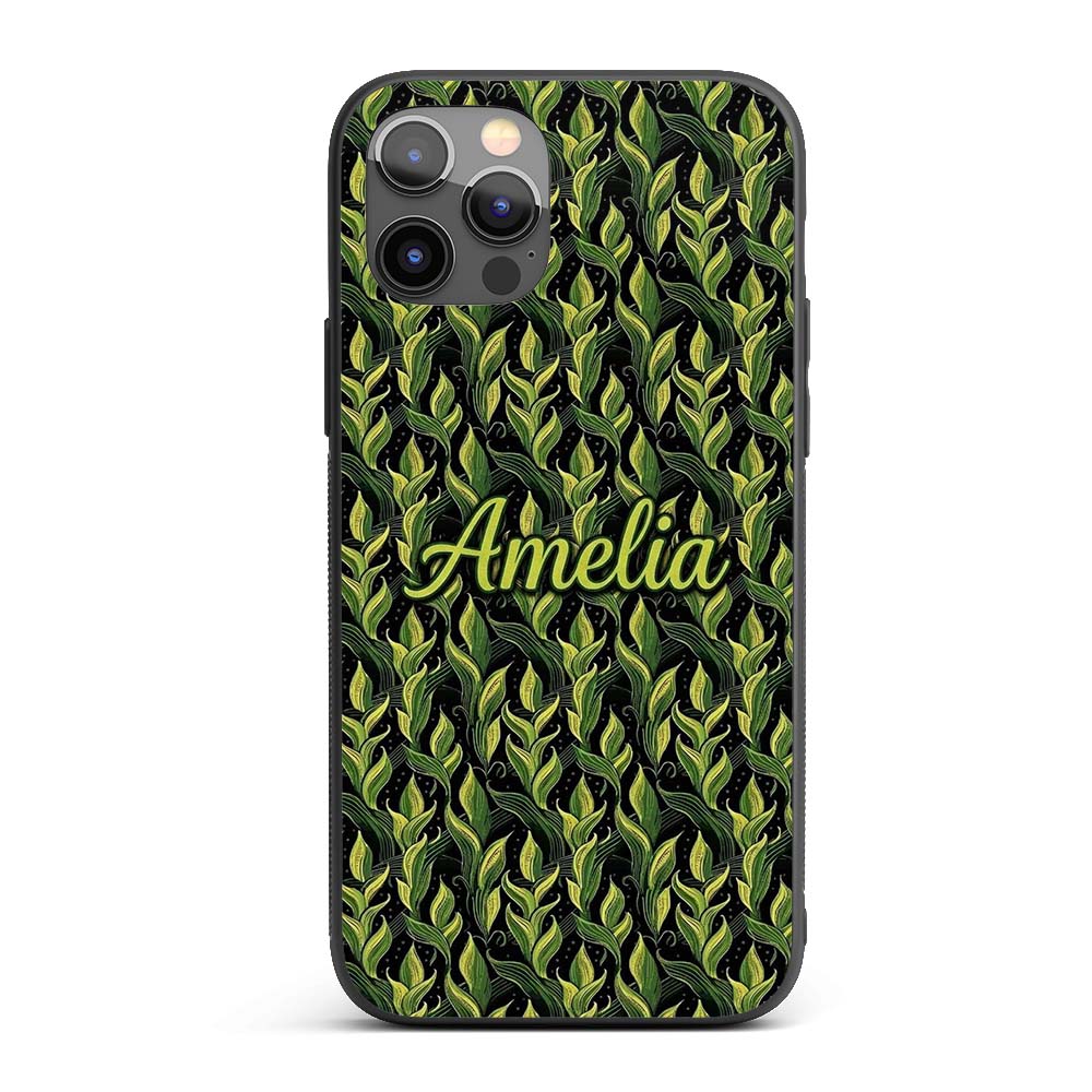 Lush Green Tropical Leaves on Dark Background Custom Name Protective Phone Case Mobile Cover Durable Everyday Smartphone Shock Resistant