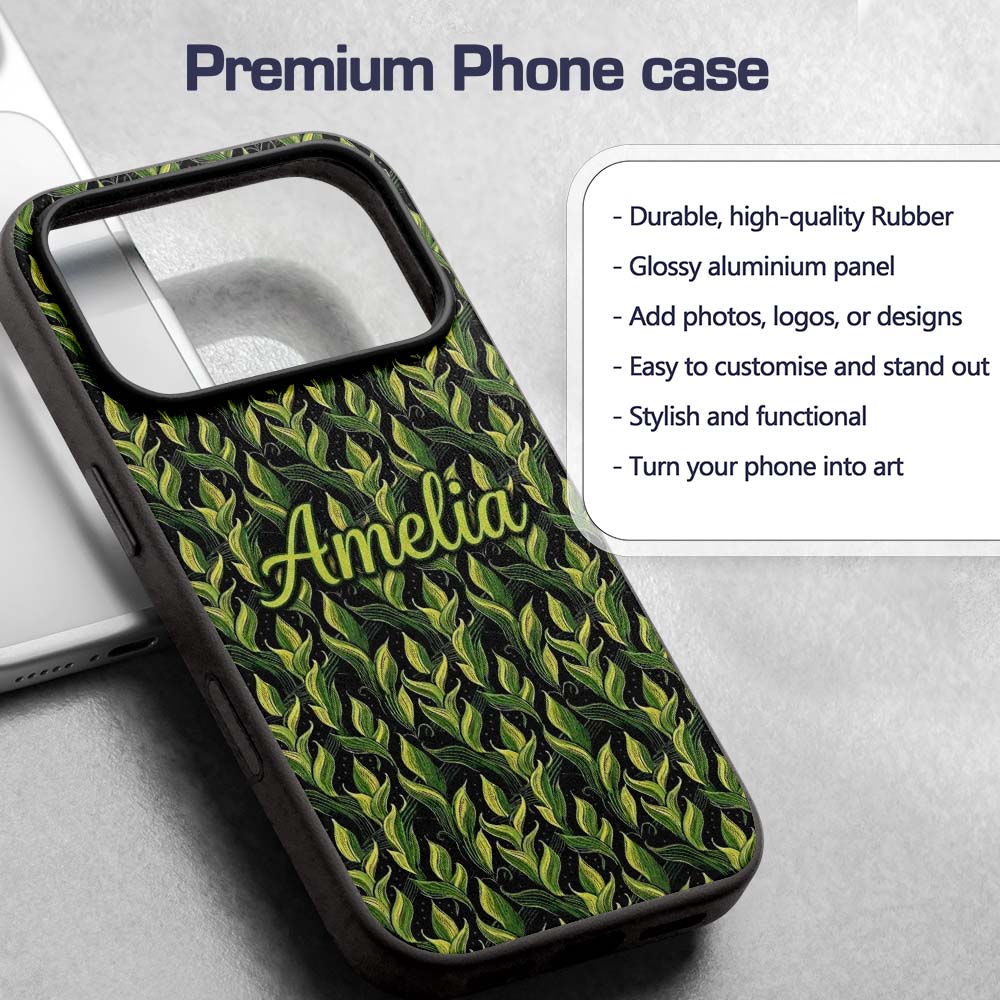 Lush Green Tropical Leaves on Dark Background Custom Name Protective Phone Case Mobile Cover Durable Everyday Smartphone Shock Resistant