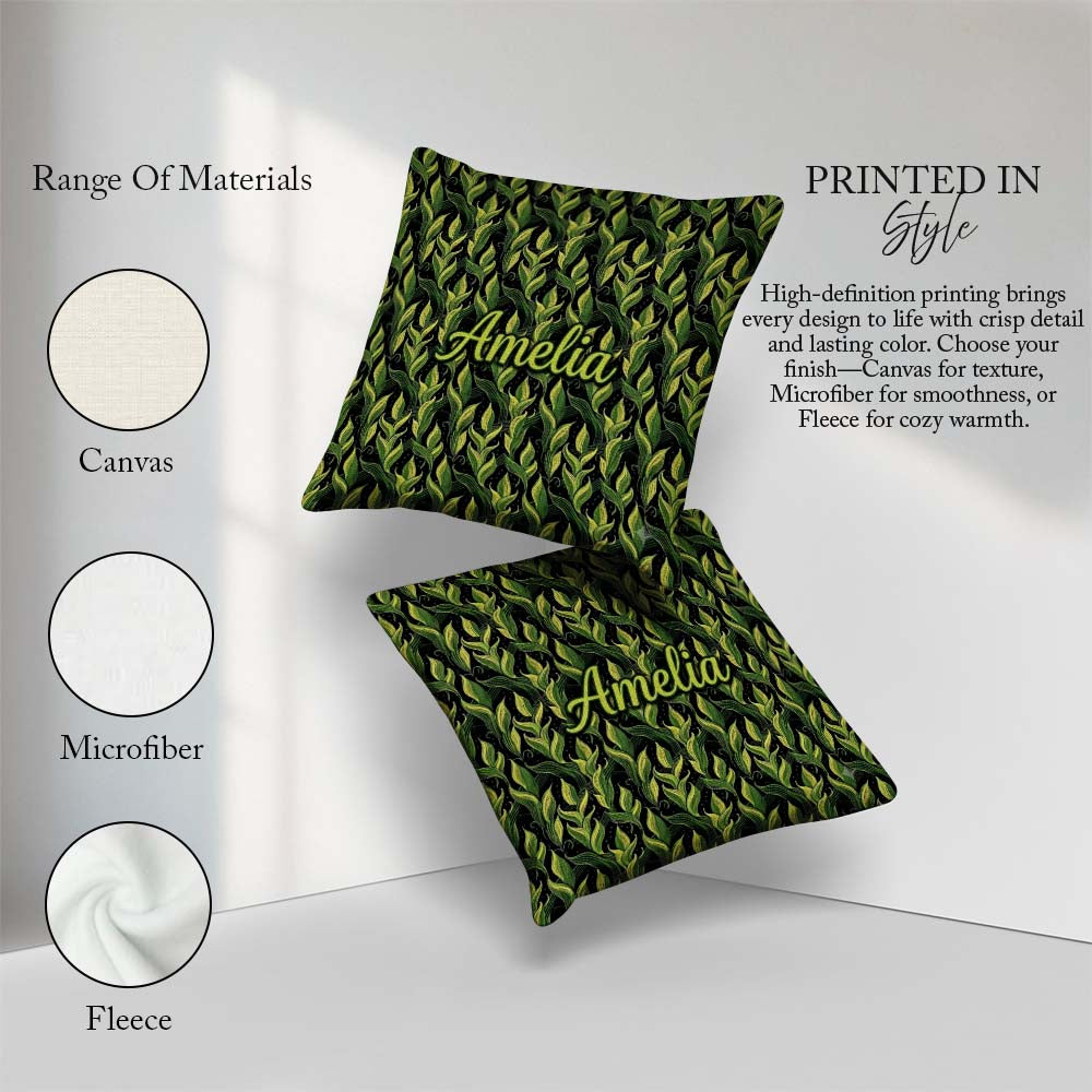 Custom Name Lush Green Tropical on Dark Background Seamless Name Square Filled Cushion Throw Pillow Sofa Bed Home Decor Zip Washable UK Made