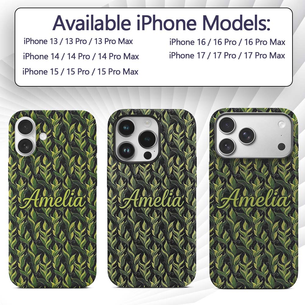 Lush Green Tropical Leaves on Dark Background Custom Name Protective Phone Case Mobile Cover Durable Everyday Smartphone Shock Resistant