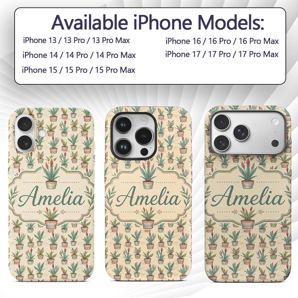 Vintage Style Potted Plants with Flowers Seamless Custom Name Protective Phone Case Mobile Cover Durable Everyday Smartphone Shock Resistant