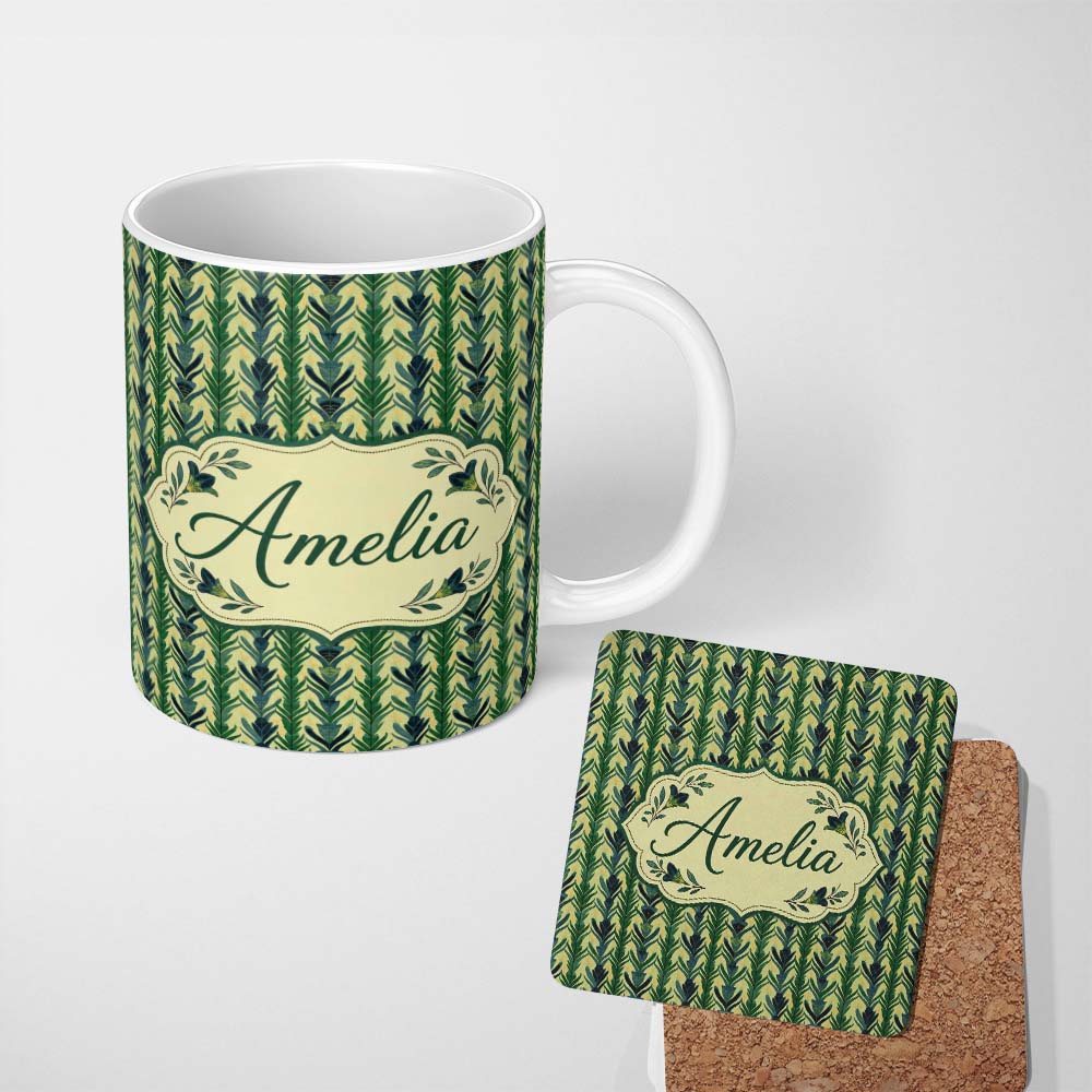 Personalized Custom Name Stylized Vertical Botanical Leaf Pattern in Green Tones Seamless 11oz Ceramic Coffee Tea Mug White Large Handle