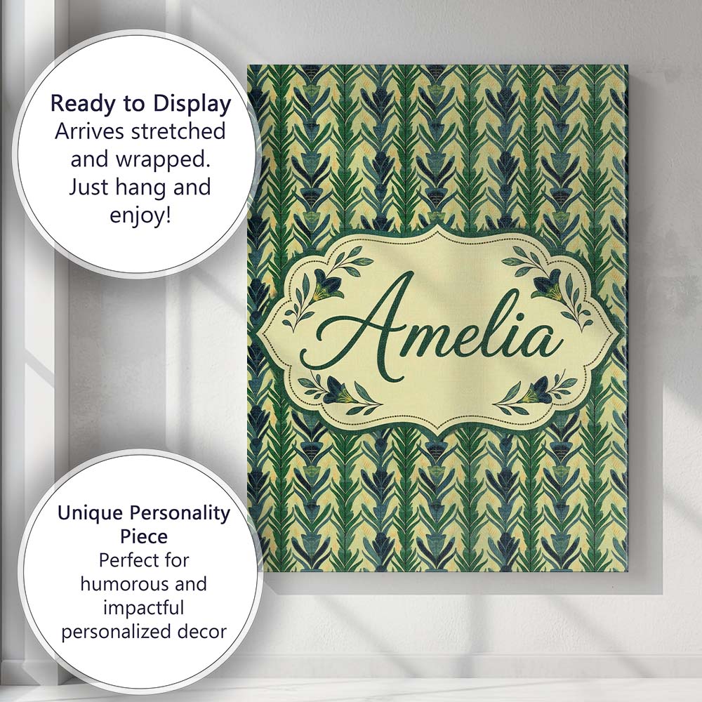 Personalised Name Stylized Vertical Botanical Custom Unique Gift Idea Modern Room Accent Canvas Wall Art Print Decor Picture Ready to Hang