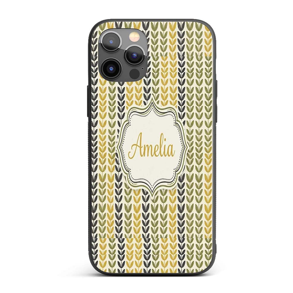 Minimal Leaf Pattern in Green and Mustard Tones Custom Name Protective Phone Case Mobile Cover Durable Everyday Smartphone Shock Resistant