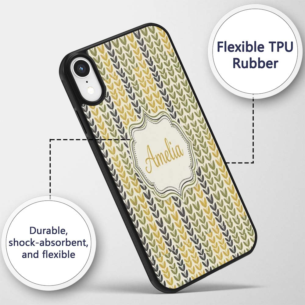Minimal Leaf Pattern in Green and Mustard Tones Custom Name Protective Phone Case Mobile Cover Durable Everyday Smartphone Shock Resistant