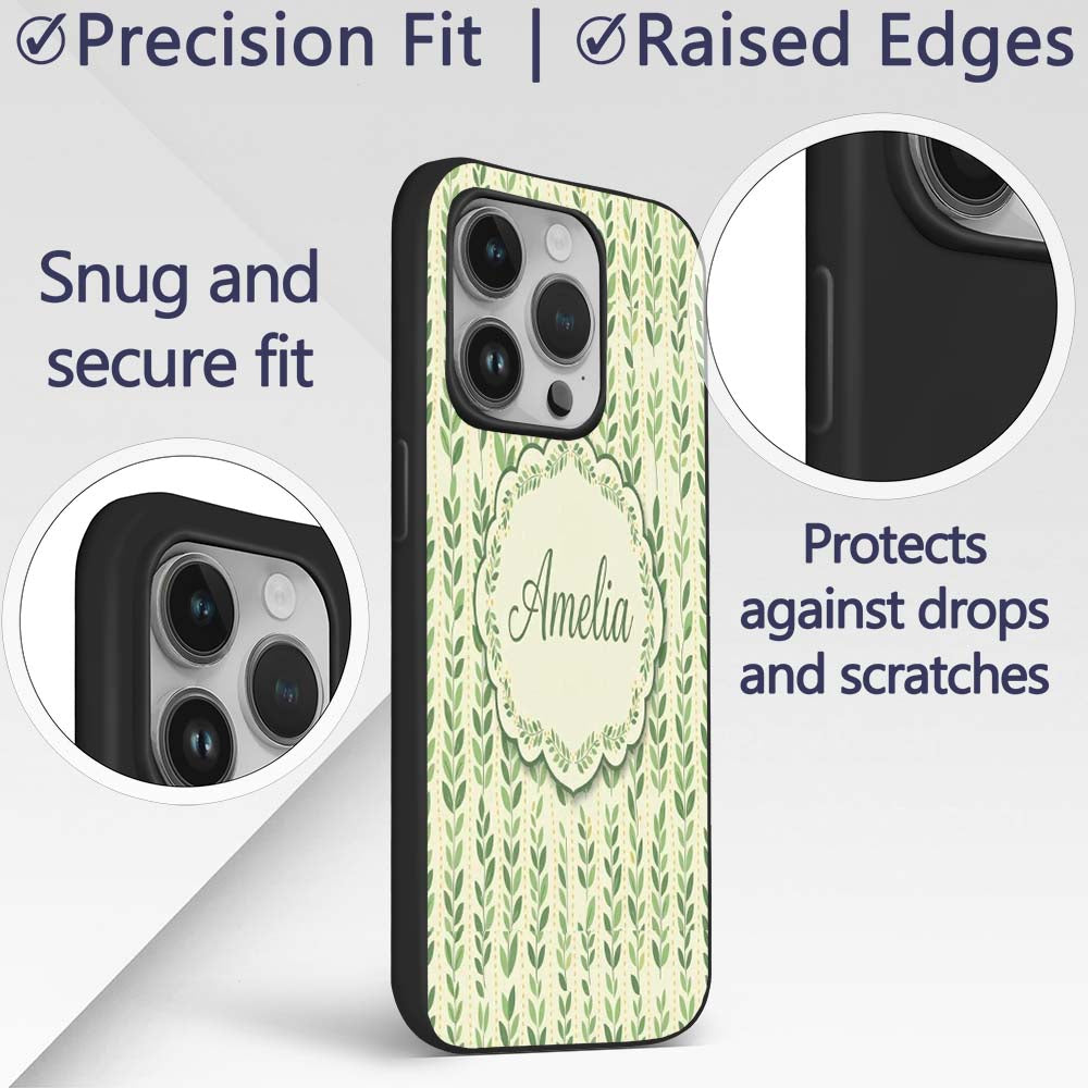 Flowing Abstract Green Leaves with Dotted Accents Custom Name Protective Phone Case Mobile Cover Durable Everyday Smartphone Shock Resistant