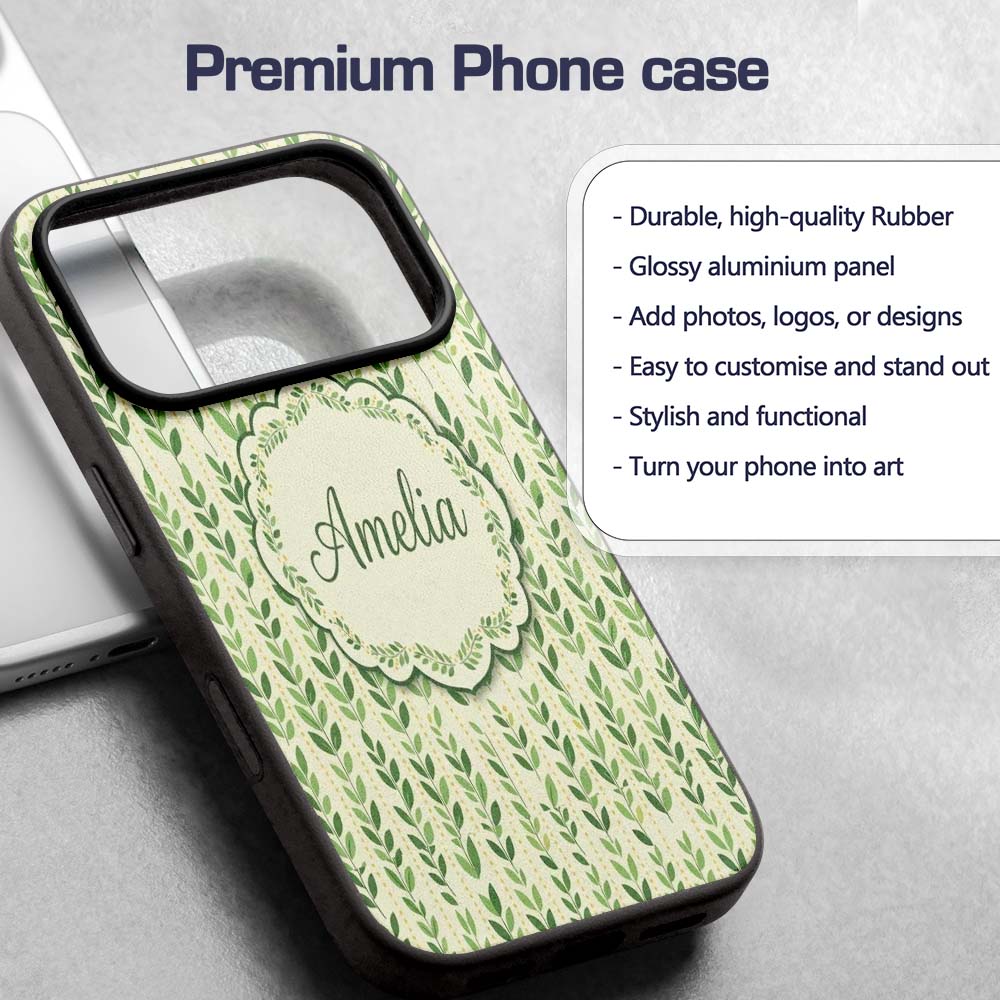Flowing Abstract Green Leaves with Dotted Accents Custom Name Protective Phone Case Mobile Cover Durable Everyday Smartphone Shock Resistant