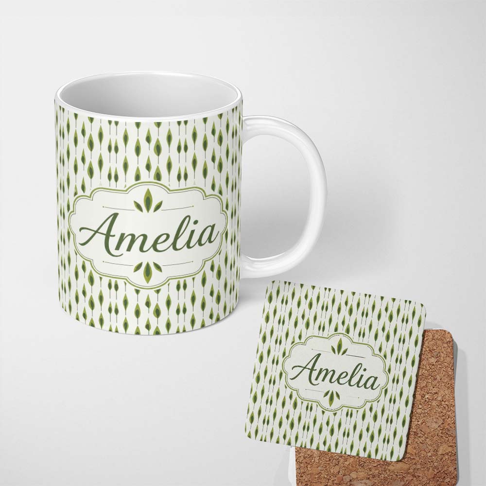 Personalized Custom Name Simple Modern Leaf Motif on Light Background Seamless Pattern Name 11oz Ceramic Coffee Tea Mug White Large Handle