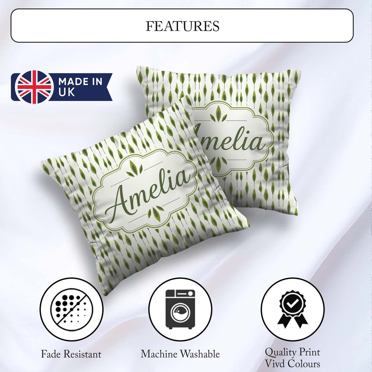 Custom Name Simple Modern Leaf Motif on Light Background Pattern Square Filled Cushion Throw Pillow Sofa Bed Home Decor Zip Washable UK Made
