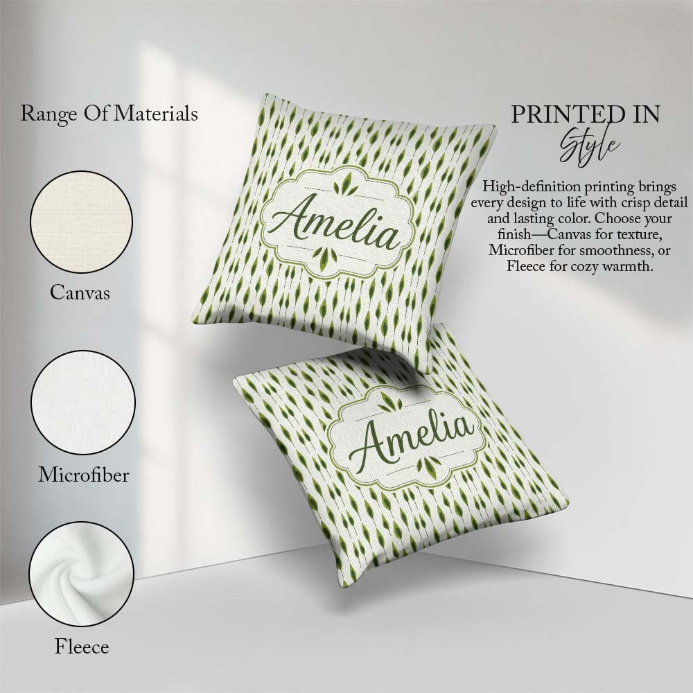 Custom Name Simple Modern Leaf Motif on Light Background Pattern Square Filled Cushion Throw Pillow Sofa Bed Home Decor Zip Washable UK Made