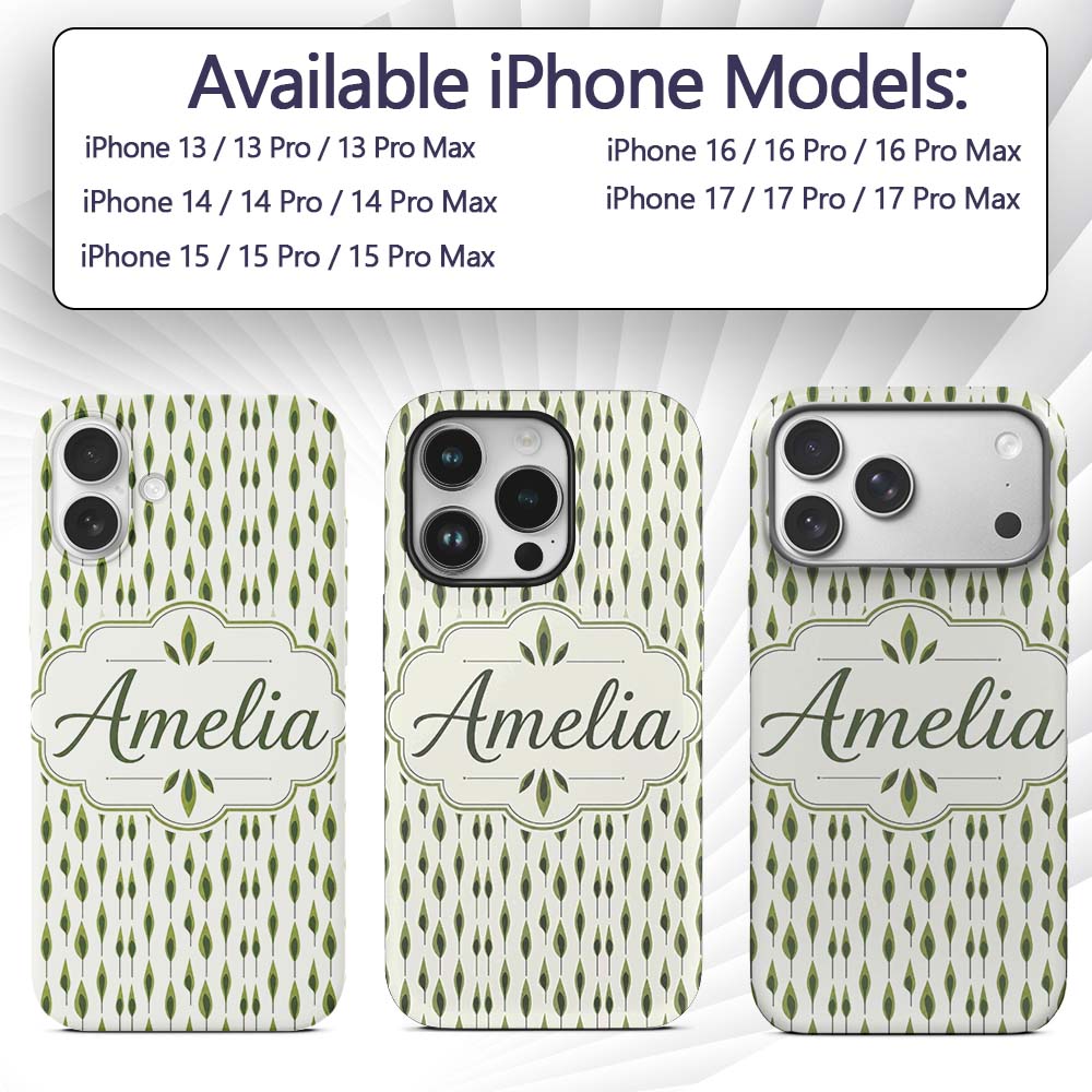 Simple Modern Leaf Motif on Light Background Custom Name Protective Phone Case Mobile Cover Durable Everyday Smartphone Shock Resistant