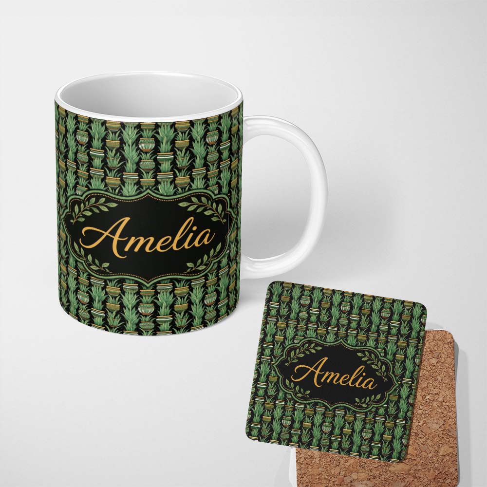 Personalized Custom Name Decorative Potted Green Houseplants on Dark Background Seamless 11oz Ceramic Coffee Tea Mug White Large Handle