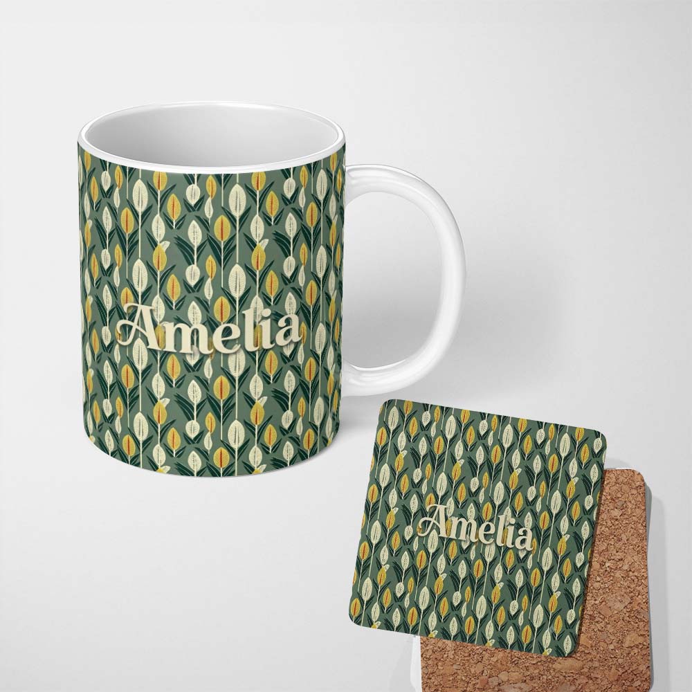 Personalized Custom Name Stylized Leaf Stems in Green and Yellow on Muted Background 11oz Ceramic Coffee Tea Mug White Large Handle